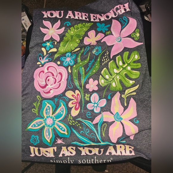 Simply Southern Tops - Simply Southern Heathered Blue Shirt with Pink Emblem